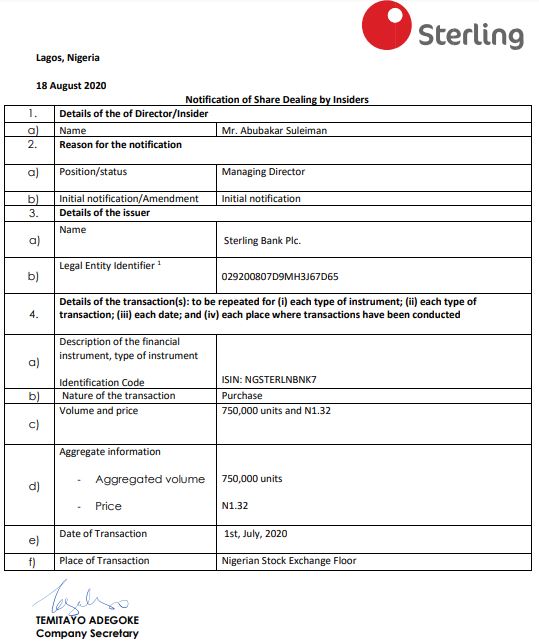 Insider Dealing: Abubakar Suleiman Buys Additional 2,199,373 Sterling Bank Shares