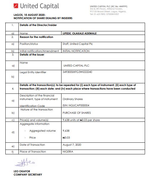 Insider Dealing: Olakale Lipede Purchases another 9,638 United Capital Shares