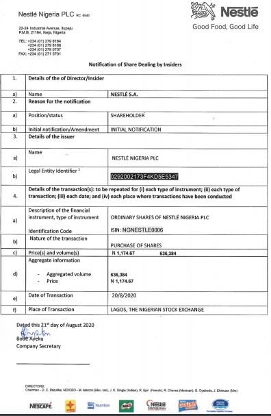 Insider Dealings: Nestle S.A Increases Stake in Nestle Nigeria