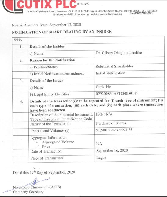 Insider Dealing: Gilbert Obiajulu Adds 95,900 Cutix Shares to His Holdings