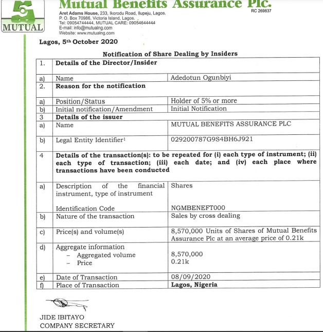 Again, Adedotun Ogunbiyi reduces stake in Mutual Benefits Assurance