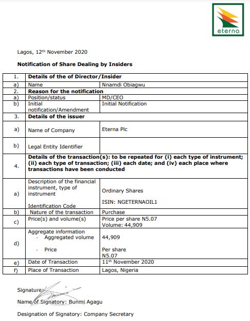 Insider Dealing Brandspurng Nnamdi Obiagwu Purchases additional 44,909 Shares in Eterna Plc