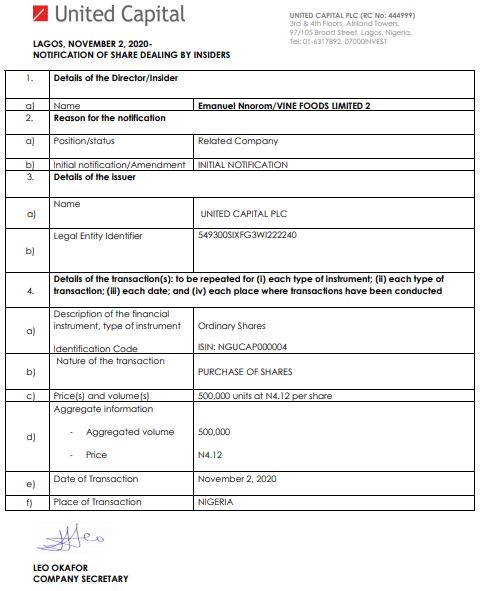 Insider Dealing brandspurng Emanuel Nnorom Acquires 500,000 Shares in United Capital