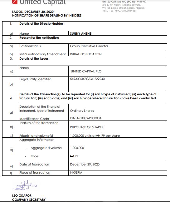 Insider Dealing: United Capital’s Group Executive Director Acquires 1,000,000 Units of Shares