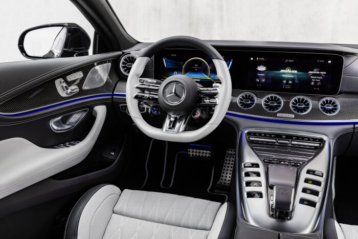 Mercedes-AMG GT 53 4MATIC+ (combined fuel consumption: 8,7-8,6 l/100 km, combined CO2 emissions: 198-196 g/km); Edition 2021; exterior: rubellite red; interior: exclusive leather nappa neva grey, steering wheel in nappa leather neva grey with steering wheel buttons