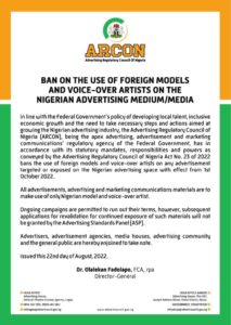 ARCON Bans Use Of Foreign Models, Voice Over Artistes On Nigerian Advertising Media