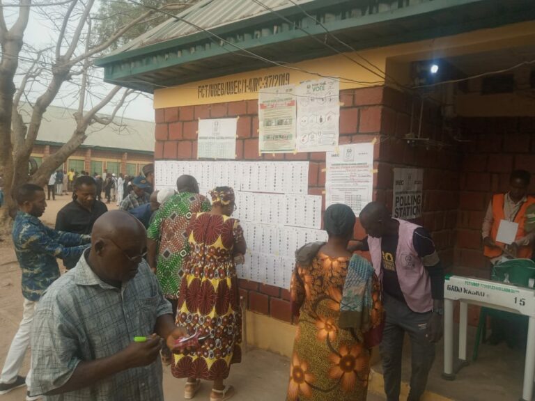 #NigeriaDecides2023: Voters Check INEC Register To Confirm Names, PUs In Abuja (PHOTO)