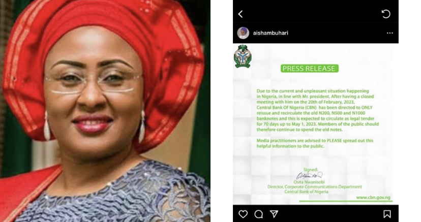 Aisha Buhari and screenshot of shared fake news