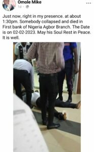 Confirming the ugly incident, Delta Police spokesman, DSP Bright Edafe, said the deceased came to First bank to collect his ATM card. He noted that the deceased was at First bank to collect his Automated Teller Machine card before the unfortunate incident.