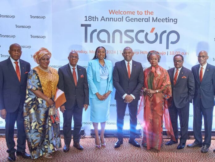 Independent Non-Executive Director, Victor Famuyibo; Non-Executive Director, Dr Toyin Sanni; Non-Executive Director, Emmanuel Nnorom; President/GCEO, Dr Owen D. Omogiafo, OON; Chairman, Tony O. Elumelu, CFR; Vice Chairman Dr Foluke Abdulrazaq, OON; Non-Executive Director, Dr Stanley Lawson; and Independent Non-Executive Director, Mallam Ahmadu Sambo at the 18th Annual General Meeting of Transnational Corporation Plc held at Transcorp Hilton Abuja on May 27, 2024.